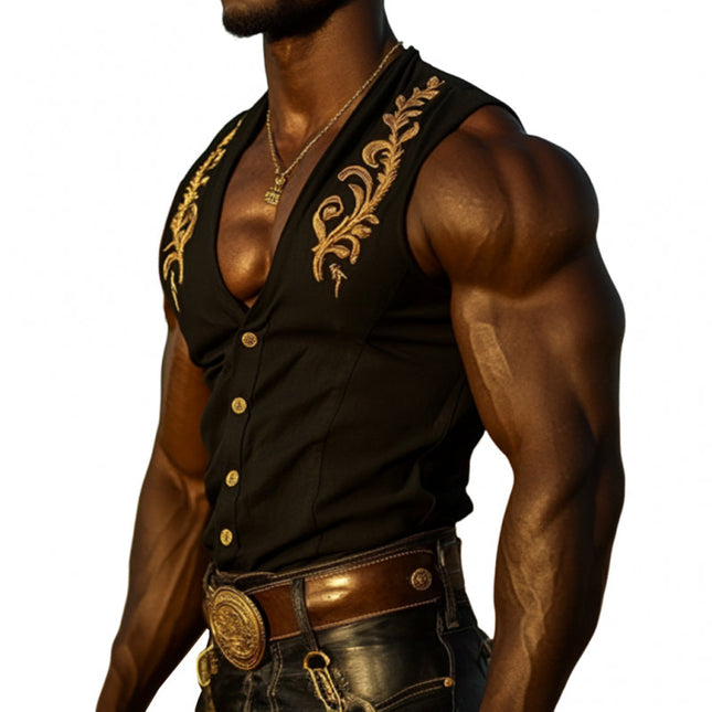 Men's Cowboy Embroidered V-Neck Slim Fit Sleeveless Shirt | Western Vintage Style | Cotton Comfort | Single Breasted | Classic Cowboy Aesthetic | Summer Casual Wear | Men's Fashion | Multiple Sizes Available