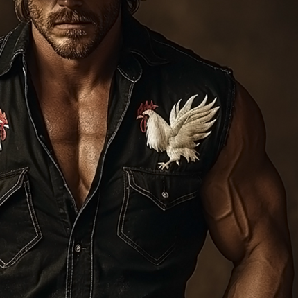 Men's Retro Cowboy Sleeveless Shirt | Western Rooster Embroidery | Denim Lapel | Vintage Washed | Casual Versatile Style | Ideal for Spring Summer Events | Durable Comfortable Wear