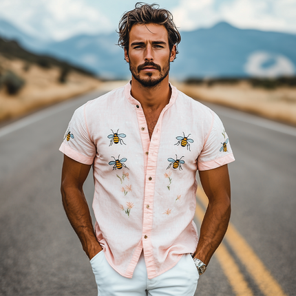 Men's Summer Shirt | Casual Stand Collar | Bee Embroidery | Cotton Linen Blend | Short Sleeve | Breathable | Stylish | Versatile | Lightweight | Ideal for Beach Outings | MTA2188D6K