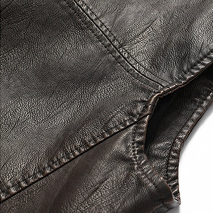 Men's Leather Vest | Soft Vintage Style | Double Layer Fleece Collar | Italian Calfskin Trim | Heavy-duty Brass Zipper | Antiqued Snaps | Multiple Pockets | Handcrafted Outerwear