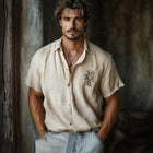 Men's Khaki Tencel Shirt | Short Sleeve | Skin-friendly | Embroidered | Casual & Refined Style | Lightweight & Breathable Fabric | Relaxed Fit | Button-Down | Ideal for Summer & Semi-Formal Occasions