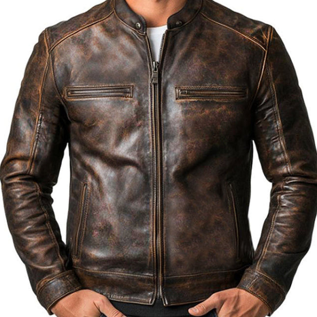 Men's Leather Jacket | Vintage Distressed Style | Long Sleeve | Zipper Closure | High-Quality Leather | Rugged Charm | Timeless Fashion | Versatile Outerwear | Durable & Comfortable | Perfect for Layering