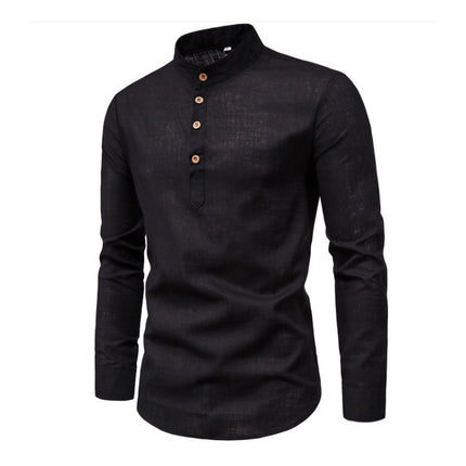 Men's 100% Cotton Linen Solid Color Stand Collar Dress Shirt | Long Sleeve | Neck Button Design | Casual Spring Summer Shirt | Breathable & Soft Fabric