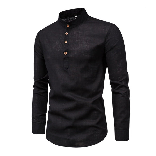 Men's 100% Cotton Linen Solid Color Stand Collar Dress Shirt | Long Sleeve | Neck Button Design | Casual Spring Summer Shirt | Breathable & Soft Fabric