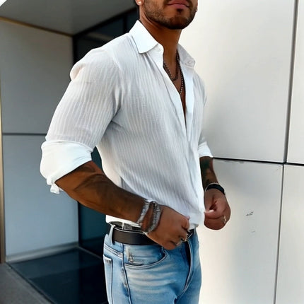 Men's Long Sleeve Striped Lapel Shirt | Solid Color | Button-Up Closure | Versatile Fit | High-Quality Fabric | Casual to Semi-Formal Wear | Multiple Sizes