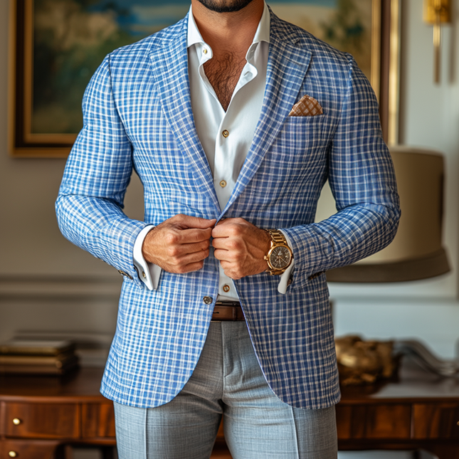 Men's Fashion Blazer | Checked Notch Lapel | Two Button | Spring Summer | Lightweight Breathable Fabric | Classic Pattern | Versatile Style | Elegant Tailoring | Regular Fit | Long Sleeves