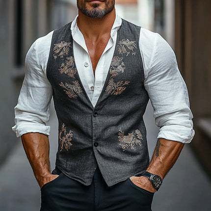 Men's Vintage Floral Embroidered Vest | Classic V-Neck | Intricate Flower Pattern | Machine Washable | Wedding Weekend Events | Casual Outing | Statement Wardrobe Essential | Button-Down Closure
