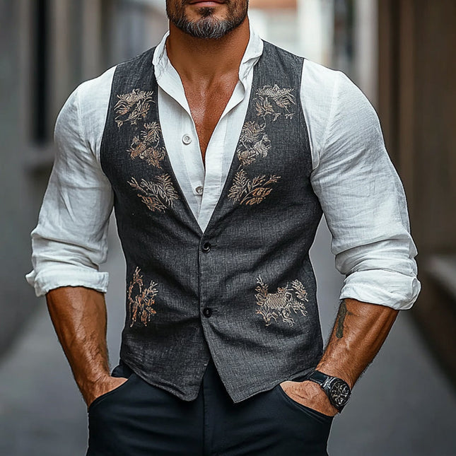 Men's Vintage Floral Embroidered Vest | Classic V-Neck | Intricate Flower Pattern | Machine Washable | Wedding Weekend Events | Casual Outing | Statement Wardrobe Essential | Button-Down Closure