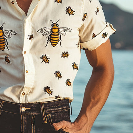 Men's Short Sleeve Shirt | Funny Bee Print | Lapel Collar | Casual Style | Breathable Lightweight Fabric | Relaxed Fit | Vibrant Design | Perfect for Summer Days & Casual Gatherings