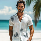 Men's Linen Palm Leaf Print Shirt | Short Sleeve Summer Fashion | Casual Button-Down | Breathable Lightweight | Trendy Tropical Style | Beach Day Outfit | Multiple Sizes | Men's Clothing