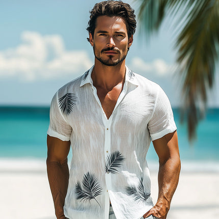 Men's Linen Palm Leaf Print Shirt | Short Sleeve Summer Fashion | Casual Button-Down | Breathable Lightweight | Trendy Tropical Style | Beach Day Outfit | Multiple Sizes | Men's Clothing
