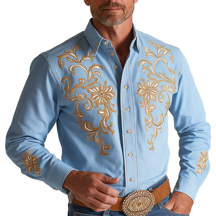 Men's Western Style Embroidered Long Sleeve Dress Shirt | Summer Blended Fabric | Lightweight & Breathable | Versatile Casual & Formal Wear | MTA2855D7P