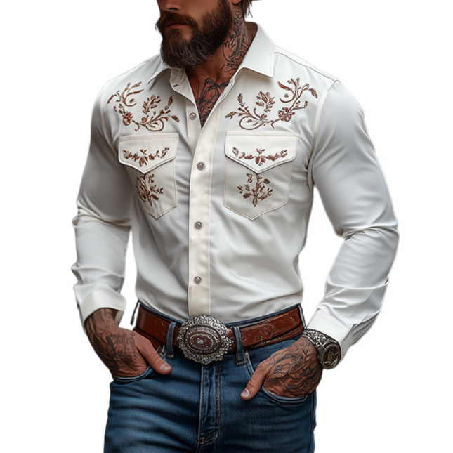 Men's Western Style Shirt | Embroidered Slim Fit | Classic American Design | Long Sleeve Cotton | High-Quality Fabric | Versatile for Casual & Semi-Formal Occasions | Timeless Americana Fashion