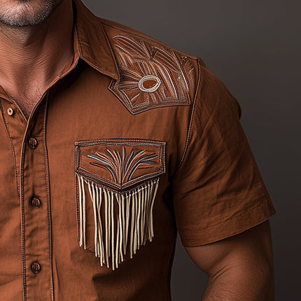 Men's Vintage Western Cowboy Shirt | Embroidered Tassels | Short Sleeve | Cotton Blend | Casual Button-Down | Classic Turn-Down Collar | Wild West Style | Comfortable Warm Weather Wear | MTA0887E4U