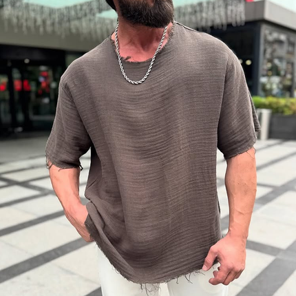 Men's T-Shirt | Solid Cotton Linen | Rough Edge Detail | Round Neck | Short Sleeve | Breathable Lightweight Fabric | Casual Versatile Style | Ideal for Warm Weather | Distressed Fashion Element