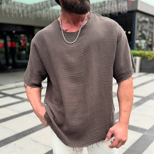 Men's T-Shirt | Solid Cotton Linen | Rough Edge Detail | Round Neck | Short Sleeve | Breathable Lightweight Fabric | Casual Versatile Style | Ideal for Warm Weather | Distressed Fashion Element