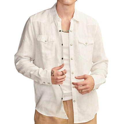 Men's Long Sleeve Cotton Shirt | Summer Comfort Snap Button | Breathable Casual Dress Shirt | 100% Cotton | Regular Fit | Point Collar | Front Chest Pockets | Ideal for Work & Outings