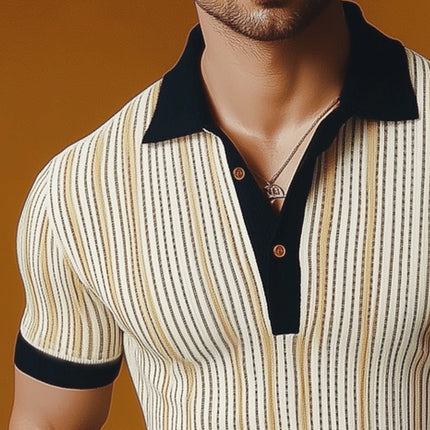 Men's Polo Neck T-Shirt | Vertical Striped | Knitted Fabric | Summer Classic | Tailored Fit | Short Sleeve | Sizes S-3XL | Breathable & Machine Washable | Casual & Smart-Casual Apparel