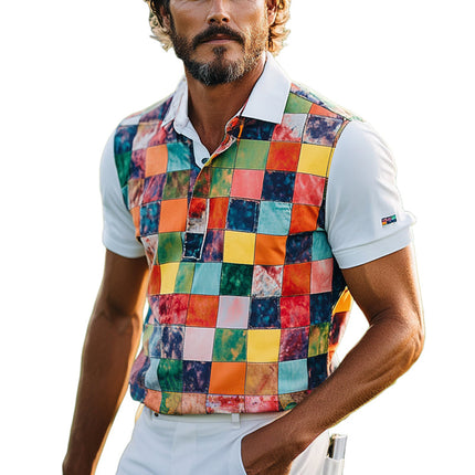 Men's Short Sleeve Polo Shirt | Color Block Print | Stylish Classic Fit | Premium Breathable Fabric | Easy Care | Casual & Semi-Formal Events | Standout Modern Design