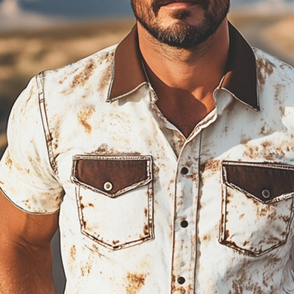 Men's Western Cowboy Shirt | Colorblock Print | Short Sleeve | Snap-Button Closure | Premium Cotton Blend | Point Collar | Regular Fit | Vibrant Design | Casual & Stylish | Ideal for Warm Seasons | MTA1370E7U