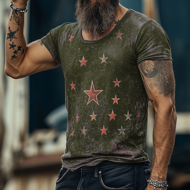 Men's Retro Star Universe Print T-Shirt | Round Neck Short Sleeve | Casual Vintage Style | Breathable Cotton | Sizes S-3XL | Ideal for Everyday Wear & Outdoor Activities | Nostalgic Design