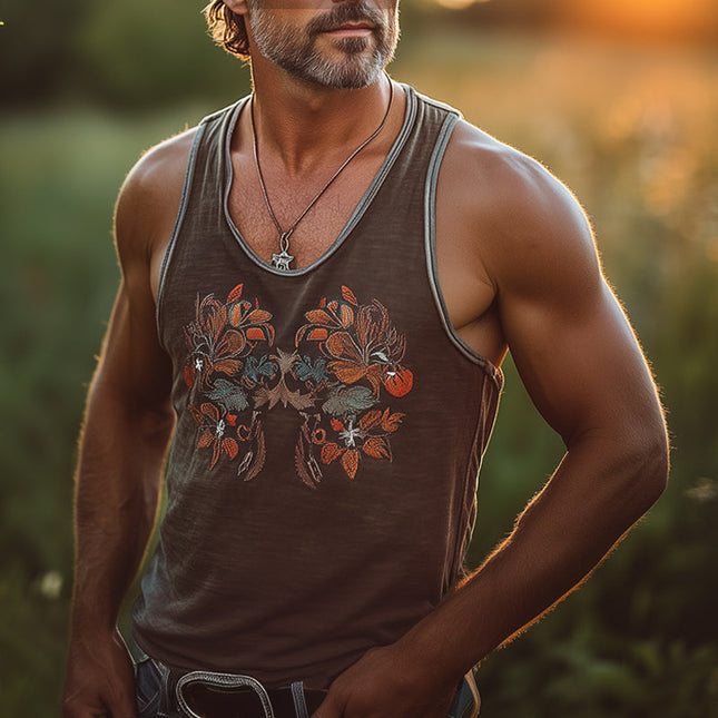 Men's Vintage Embroidered Cotton Tank Top | Sleeveless Scoop Neck | Breathable Summer Style | Nostalgic Casual Design | Small to 3XL | High-Quality Soft Cotton | Ideal for Warm Weather | Summer Casual Wardrobe Essential