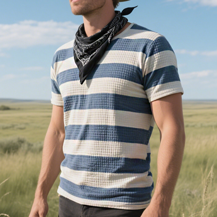 Men's Retro T-Shirt | Casual Western Cowboy Style | Striped Waffle Knit | Short Sleeve | Breathable | Crew Neck | Vintage Inspired | Comfortable Fit | Soft Fabric | Ideal for Spring Summer | Versatile Fashion