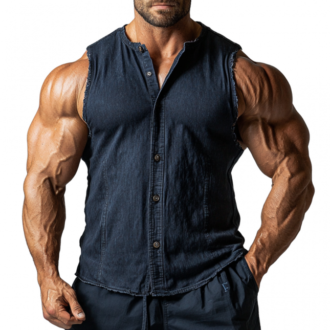 Men's Denim Sleeveless Shirt | Vintage Washed Distressed | Stand Collar | Slim Fit | Streetwear Edge | Breathable Durable Material | Modern Tailored Look | Casual Summer Fashion | Versatile Layering