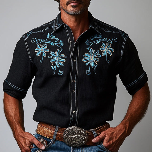 Men's Embroidered Denim Style Shirt | Cotton Blend | Short Sleeve | Casual Summer Top | Breathable & Durable | Versatile Colors | Comfortable Relaxed Fit | Stylish Embroidery | Ideal for Day & Evening