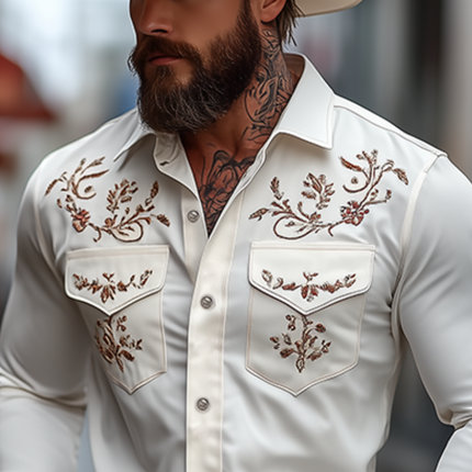 Men's Western Style Shirt | Embroidered Slim Fit | Classic American Design | Long Sleeve Cotton | High-Quality Fabric | Versatile for Casual & Semi-Formal Occasions | Timeless Americana Fashion