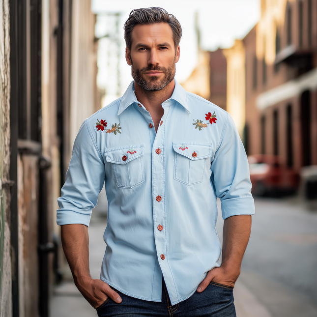 Men's Denim Shirt | Embroidered Long Sleeve | Summer Fashion | Casual & Dressy | Breathable Material | Regular Fit | Versatile Style | Durable & Comfortable | Button-Up Closure | Trendy Men's Tops
