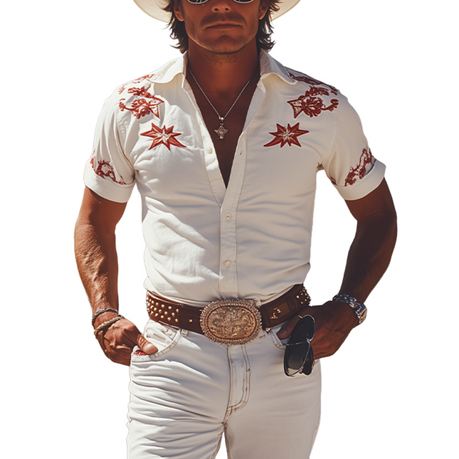 Men's Retro Western Cowboy Shirt | Cotton Blend | Embroidered Details | Slim Fit | Short Sleeve | Spring Summer Fashion | Classic Style | Comfortable Breathable Fabric | Vintage Modern Fusion