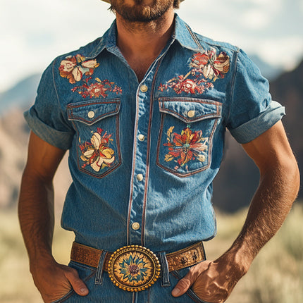 Men's Summer Vintage Embroidered Denim Shirt & Shorts Set | Retro Short Sleeve Casual Outfit | Lightweight Breathable Fabric | Classic Collar | Stylish Weekend Attire | Sizes S-3XL
