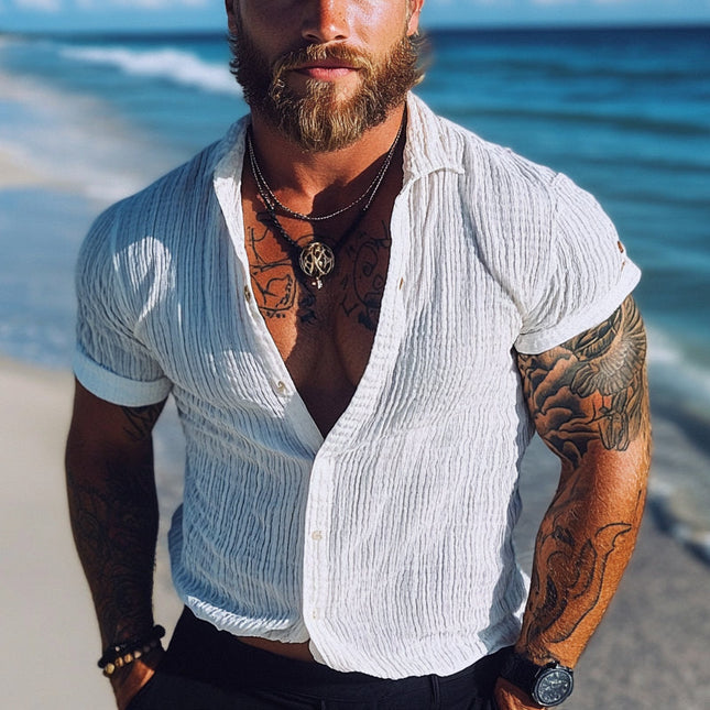 Men's Short Sleeve Striped Textured Lapel Shirt | High-Quality Fabric | Breathable & Lightweight | Stylish Elegant Design | Versatile Casual to Semi-Formal | Comfortable Fit | Perfect for Modern Man's Wardrobe