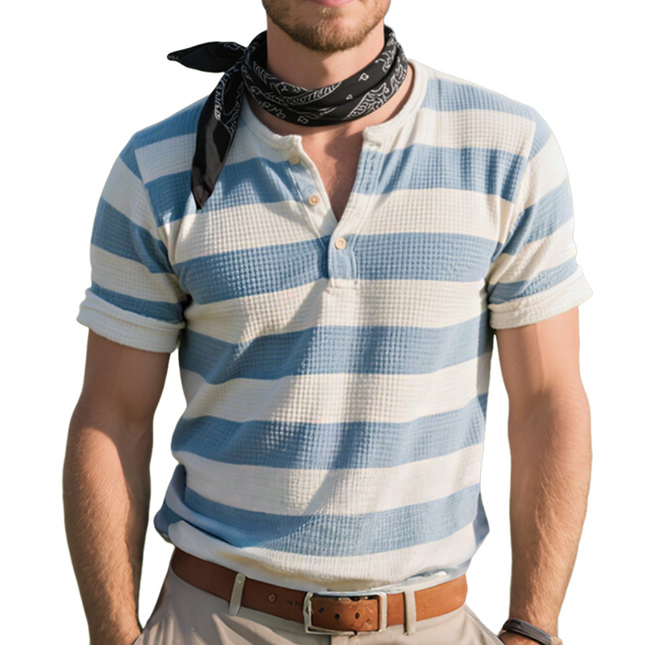 Men's Retro Western Striped Print T-Shirt | Casual Waffle Henley Collar | Short Sleeve | Breathable Cotton | Vintage Cowboy Style | Comfortable Fit | Versatile Casual Fashion