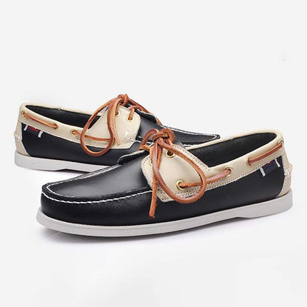 Men's Leather Moc-Toe Boat Shoes | 360° Lacing System | Rustproof Eyelets | Contrast Stitching | Flexible Outsole | Casual Cool Style | Timeless Appeal