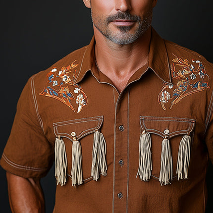 Men's Western Shirt | Cowboy Style | Embroidered Tassels | Short Sleeve | Cotton-Poly Blend | Pointed Collar | Versatile Styling | S-3XL | Modern Design | Breathable & Durable | Casual Shirt