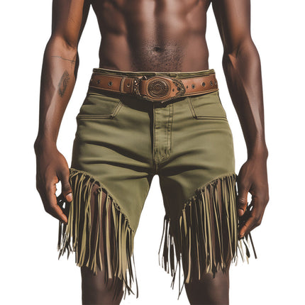 Men's Denim Shorts | Western Cowboy Style | Vintage Tassel | Mid-Rise Fit | Durable Stretch | Worn-in Wash | Above Knee Length | Multiple Pockets | Americana Fashion | Sizes S to 3XL