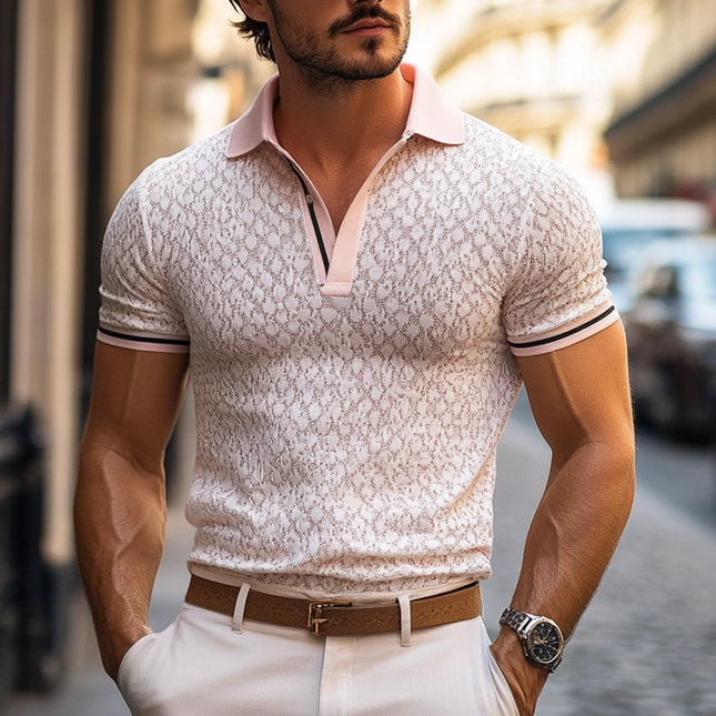 Men's Colorblock Striped Polo Shirt | Lace Lapel | Short Sleeve | Casual Fashion Top | Soft Breathable Fabric | Button Placket | Regular Fit | Classic Collar | Elegant Details | Ideal for Outings