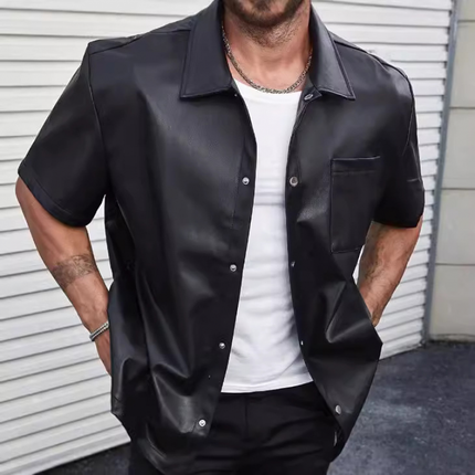 Men's PU Leather Shirt | Short Sleeve Lapel Collar | Single Breasted Casual Top with Patch Pocket | Loose Fit for Streetwear & Semi-Formal Wear | Fashionable Lightweight Design