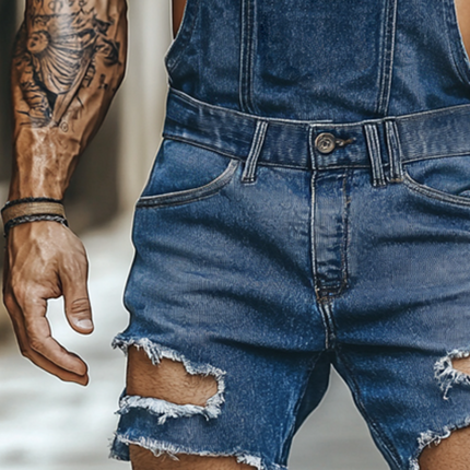 Men's Vintage Style Ripped Denim Bib Shorts | Retro Casual Washed and Worn | Distressed Details | Mid-Rise Waist | Relaxed Fit | Comfortable High-Quality Fabric | Ideal for Spring & Summer