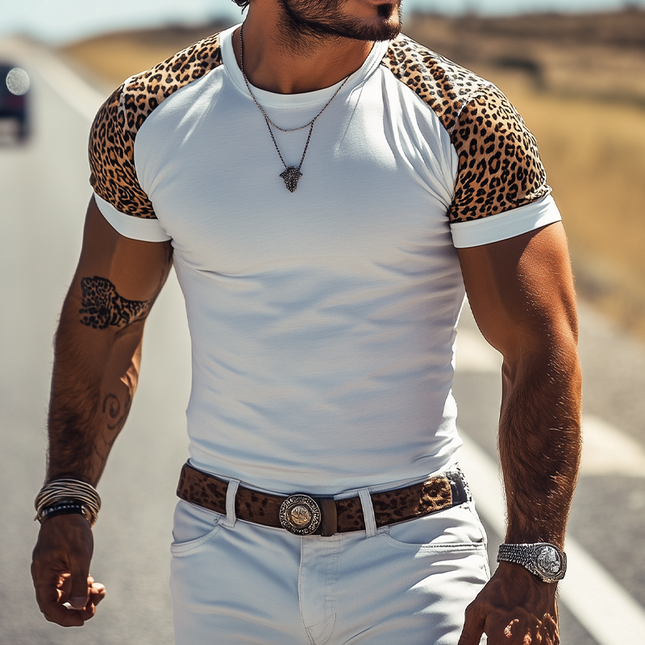 Men's T-Shirt | Slim Fit | Leopard Print | Short Sleeve | Cotton Blend | Round Collar | Western Style | Fashionable Spring & Summer Shirt