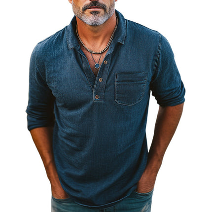 Men's Distressed Denim Polo Neck T-Shirt | Comfortable Cotton Blend | Classic Fit | Casual Style | Ribbed Collar | Hidden Placket | Trendy Urban Look | Blue Black Green | Sizes Small to 3XL