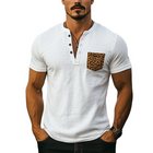 Men's Vintage Western T-Shirt | Short Sleeve Henley Collar | Cotton Blend | Leopard Print Pocket | Classic Casual Spring Summer | Breathable Fabric | Retro Western Style