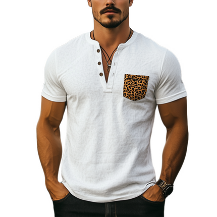 Men's Vintage Western T-Shirt | Short Sleeve Henley Collar | Cotton Blend | Leopard Print Pocket | Classic Casual Spring Summer | Breathable Fabric | Retro Western Style