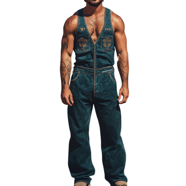 Men's Retro Western Cowboy Denim Jumpsuit | Summer Fashion | Embroidered Design | High-Quality Lightweight Fabric | Snap Buttons | Practical Pockets | Classic Style | All-Day Comfort