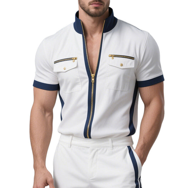 Men's Casual Jacket | Contrast Color | Stand Collar | Short Sleeve | Stylish Outerwear | Versatile Fashion | High-Quality Fabric | Statement Design | Modern Gentleman | Comfortable & Chic