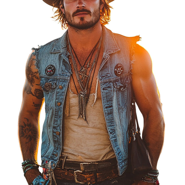 Men's Denim Vest | Vintage Distressed Western Style | Cowboy Lapel | Durable Denim | Classic Button-Up | MTA0984E5X