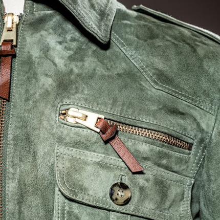 Men's Suede Jacket | Retro Lapel Design | Zipper Breast Pocket | Velvety Soft Texture | Elastic Ribbed Hem | Unique Cuff Zipper | Vintage Truck Driver Inspired | Durable Soft-Touch Suede | Dual-Directional Zipper