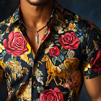 Men's Western Rose Print Satin Shirt | Retro Cowboy Style | Short Sleeve | Luxury Vintage | Satin Lapel | Classic Western Aesthetic | Casual Summer Style | Elegant Design | Comfortable Fit